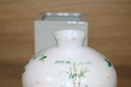 A Chinese tea bowl and saucer, brush pot and a lidded jar tallest 12cm